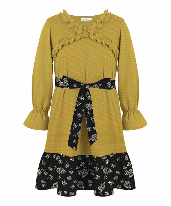 Best Sale 👍 Trend Blossoms Black & Mustard Stripe Paisley Bow-Belt Ruffle-Accent Shift 👗 Dress - 👧 Girls 😀 3 Best Sale 👍 Trend Blossoms Black & Mustard Stripe Paisley Bow-Belt Ruffle-Accent Shift 👗 Dress - 👧 Girls 😀