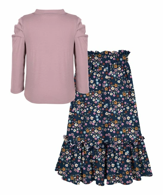 Discount ๐ Trend Blossoms Dusty Pink Puff-Sleeve Top & Navy Floral Button Maxi ๐ Skirt - ๐ง Girls โค๏ธ 4 Discount ๐ Trend Blossoms Dusty Pink Puff-Sleeve Top & Navy Floral Button Maxi ๐ Skirt - ๐ง Girls โค๏ธ - Image 2