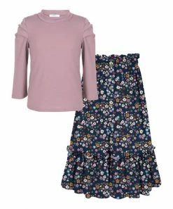 Discount ๐ Trend Blossoms Dusty Pink Puff-Sleeve Top & Navy Floral Button Maxi ๐ Skirt - ๐ง Girls โค๏ธ