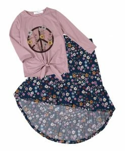 Best Sale 👍 Trend Blossoms Dusty Pink Peace Knot-Hem Tee & Navy Floral Hi-Low 👗 Skirt - 👧 Girls 🎁