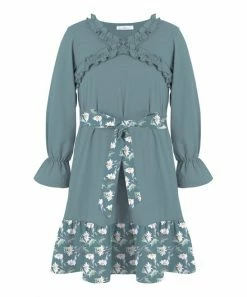 Cheapest 💯 Trend Blossoms Dusty Turquoise Floral Bow-Belt Ruffle-Accent A-Line 👗 Dress - 👧 Girls 😍
