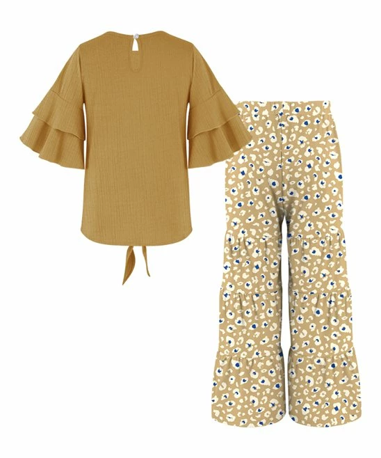 Cheap ๐ Trend Blossoms Mustard Crinkle Knot-Hem Top & Tan Leopard Tiered Pants - ๐ง Girls ๐ 5 Cheap ๐ Trend Blossoms Mustard Crinkle Knot-Hem Top & Tan Leopard Tiered Pants - ๐ง Girls ๐ - Image 3