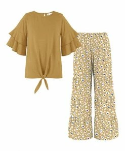 Cheap 👍 Trend Blossoms Mustard Crinkle Knot-Hem Top & Tan Leopard Tiered Pants - 👧 Girls 🛒