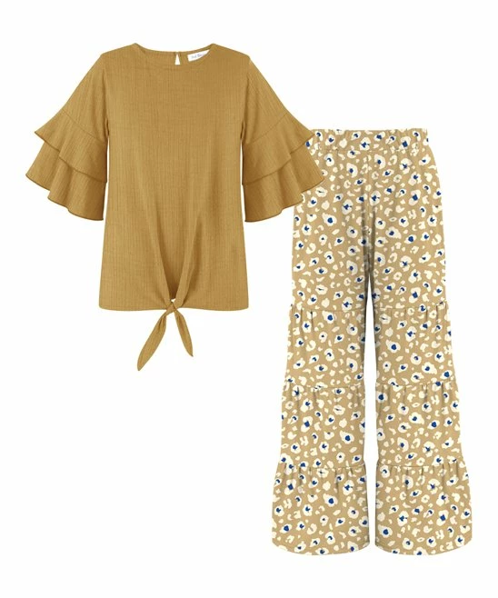 Cheap ๐ Trend Blossoms Mustard Crinkle Knot-Hem Top & Tan Leopard Tiered Pants - ๐ง Girls ๐ 3 Cheap ๐ Trend Blossoms Mustard Crinkle Knot-Hem Top & Tan Leopard Tiered Pants - ๐ง Girls ๐