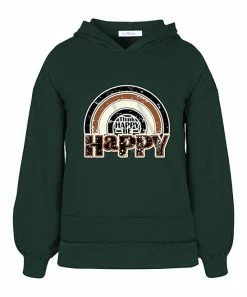 Budget 😀 Trend Blossoms Dark Green & Brown Rainbow 'Be Happy' Puff-Sleeve Hoodie - 👧 Girls 🧨