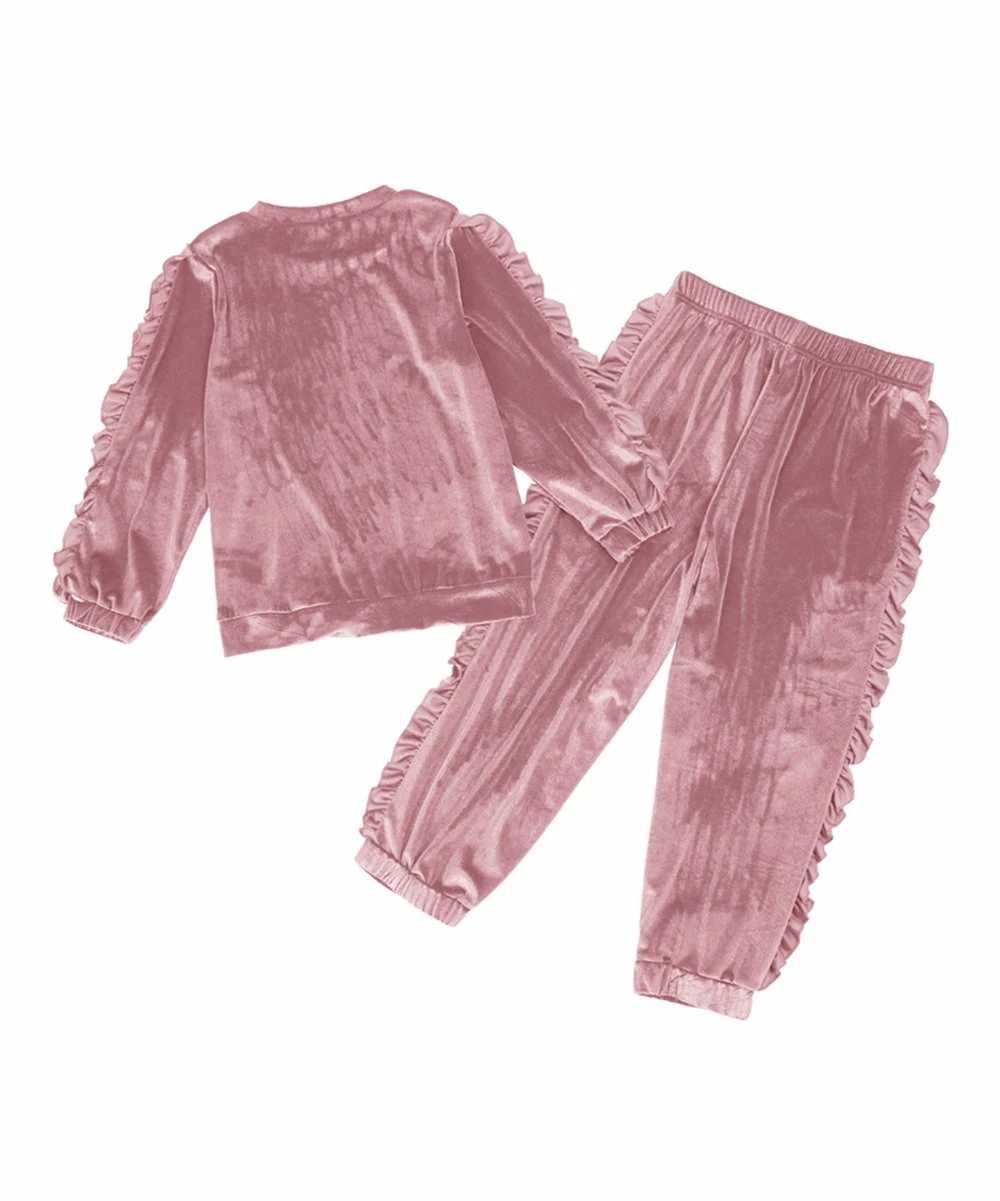 Top 10 🛒 Trend Blossoms Pink Velvet Ruffle Long-Sleeve Top & Pink Velvet Ruffle Joggers - 👧 Girls ✔️ 4 Top 10 🛒 Trend Blossoms Pink Velvet Ruffle Long-Sleeve Top & Pink Velvet Ruffle Joggers - 👧 Girls ✔️ - Image 2