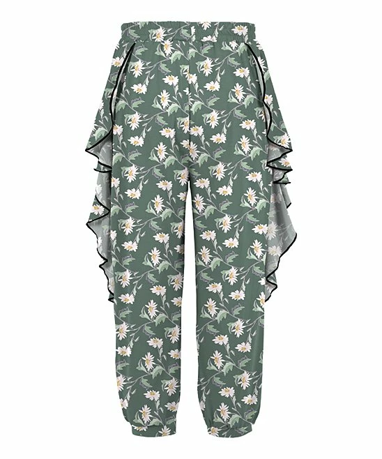 Budget 🤩 Trend Blossoms Green Gray Floral Ruffle-Accent Bow-Belt Joggers - 👧 Girls ❤️ 4 Budget 🤩 Trend Blossoms Green Gray Floral Ruffle-Accent Bow-Belt Joggers - 👧 Girls ❤️ - Image 2