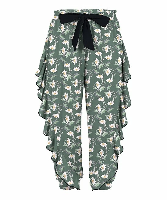 Budget 🤩 Trend Blossoms Green Gray Floral Ruffle-Accent Bow-Belt Joggers - 👧 Girls ❤️ 3 Budget 🤩 Trend Blossoms Green Gray Floral Ruffle-Accent Bow-Belt Joggers - 👧 Girls ❤️