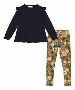 Promo 🥰 Trend Blossoms Dark Navy Ruffle-Accent Long-Sleeve Top & Mustard Floral Leggings - 👧 Girls 😉