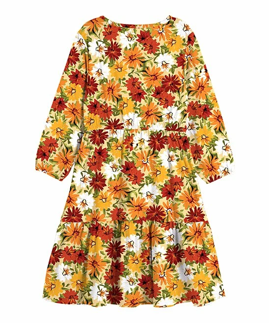 Cheap 🥰 Trend Blossoms Light Orange & Rust Red Floral Bow-Accent Ruffle-Hem A-Line 👗 Dress - 👧 Girls ✔️ 4 Cheap 🥰 Trend Blossoms Light Orange & Rust Red Floral Bow-Accent Ruffle-Hem A-Line 👗 Dress - 👧 Girls ✔️ - Image 2