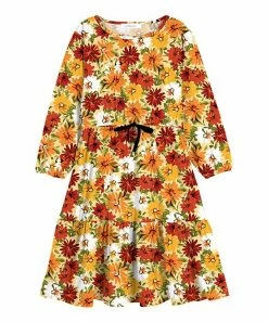 Cheap 🥰 Trend Blossoms Light Orange & Rust Red Floral Bow-Accent Ruffle-Hem A-Line 👗 Dress - 👧 Girls ✔️