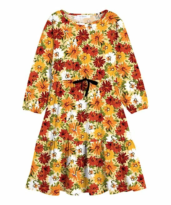 Cheap 🥰 Trend Blossoms Light Orange & Rust Red Floral Bow-Accent Ruffle-Hem A-Line 👗 Dress - 👧 Girls ✔️ 3 Cheap 🥰 Trend Blossoms Light Orange & Rust Red Floral Bow-Accent Ruffle-Hem A-Line 👗 Dress - 👧 Girls ✔️
