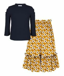 Outlet 🤩 Trend Blossoms Navy Puff-Sleeve Top & Mustard Floral Button-Front Maxi 👗 Skirt - 👧 Girls 🛒