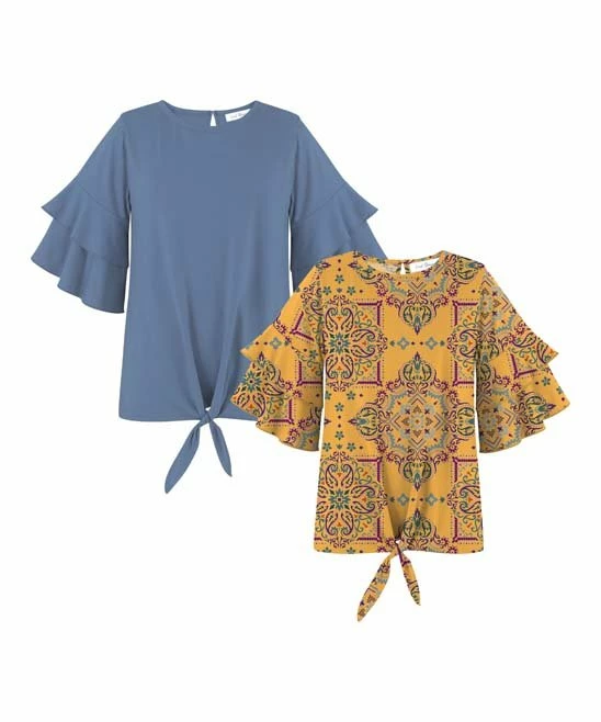 Budget 💯 Trend Blossoms Dusty Blue & Mustard Floral Ruffle-Sleeve Top - Set Of Two ⌛ 3 Budget 💯 Trend Blossoms Dusty Blue & Mustard Floral Ruffle-Sleeve Top - Set Of Two ⌛