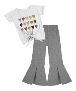 Cheap 😍 Trend Blossoms White Hearts Knot-Front Top & Black Gingham Flare Pants - 👧 Girls ❤️