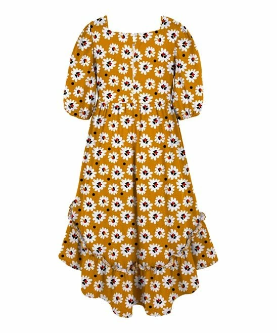 Discount ๐คฉ Trend Blossoms Mustard & Black Floral Ruffle-Accent Hi-Low Puff-Sleeve ๐ Dress - ๐ง Girls ๐คฉ 5 Discount ๐คฉ Trend Blossoms Mustard & Black Floral Ruffle-Accent Hi-Low Puff-Sleeve ๐ Dress - ๐ง Girls ๐คฉ - Image 3