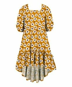 Discount 🤩 Trend Blossoms Mustard & Black Floral Ruffle-Accent Hi-Low Puff-Sleeve 👗 Dress - 👧 Girls 🤩