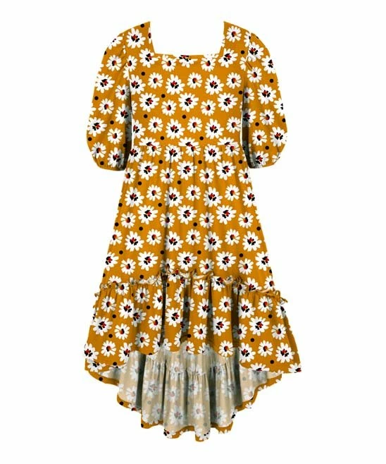 Discount ๐คฉ Trend Blossoms Mustard & Black Floral Ruffle-Accent Hi-Low Puff-Sleeve ๐ Dress - ๐ง Girls ๐คฉ 3 Discount ๐คฉ Trend Blossoms Mustard & Black Floral Ruffle-Accent Hi-Low Puff-Sleeve ๐ Dress - ๐ง Girls ๐คฉ