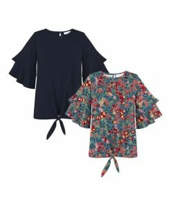Best Sale 🤩 Trend Blossoms Navy & Blue Water Color Berry Ruffle-Sleeve Top - Set Of Two 😀