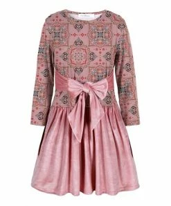 Best Pirce 🔔 Trend Blossoms Pink & Dusty Blue Geometric Velvet Bow-Accent A-Line 👗 Dress - 👧 Girls ❤️