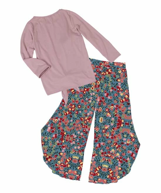Discount ๐ Trend Blossoms Dusty Pink Floral Knot-Front Long-Sleeve Top & Blue Berry Wide-Leg Pants - ๐ง Girls ๐ 4 Discount ๐ Trend Blossoms Dusty Pink Floral Knot-Front Long-Sleeve Top & Blue Berry Wide-Leg Pants - ๐ง Girls ๐ - Image 2