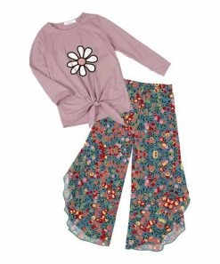 Trend Blossoms-shop 33 Discount 👍 Trend Blossoms Dusty Pink Floral Knot-Front Long-Sleeve Top & Blue Berry Wide-Leg Pants - 👧 Girls 👏
