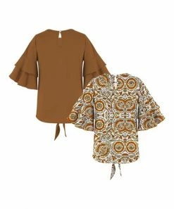 Hot Sale ⭐ Trend Blossoms Brown & Orange Floral Ruffle-Sleeve Top - Set Of Two 👍 -Trend Blossoms-shop zu109674075 alt 2 tm1665688809