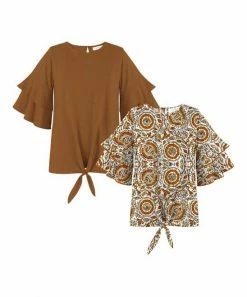 Hot Sale ⭐ Trend Blossoms Brown & Orange Floral Ruffle-Sleeve Top - Set Of Two 👍