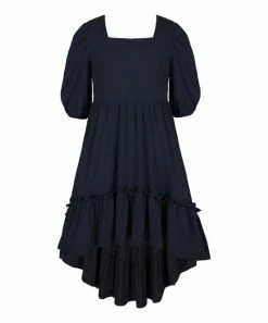 Outlet 🎉 Trend Blossoms Navy Ruffle-Accent Hi-Low Puff-Sleeve 👗 Dress - 👧 Girls 👏