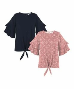 Hot Sale ✨ Trend Blossoms Dark Navy & Dusty Rose Floral Ruffle-Sleeve Top - Set Of Two 🛒