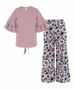 Hot Sale 🔔 Trend Blossoms Dusty Pink Knot-Hem Top & Floral Wide-Leg Pants - 👧 Girls 🔔 -Trend Blossoms-shop zu109675462 alt 2 tm1666285124