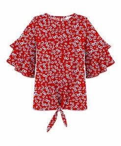 Outlet 🤩 Trend Blossoms Red & Blue Leopard Ruffle-Sleeve Knot-Front Top - 👧 Girls ⌛
