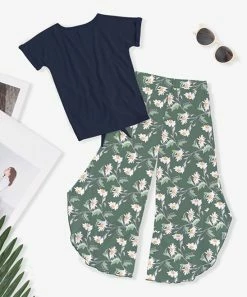 Outlet 😀 Trend Blossoms Navy Knot-Front Top & Gray Green Floral Ruffle-Hem Pants - 👧 Girls 👍 -Trend Blossoms-shop zu109675561 alt 2 tm1666285124