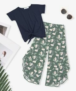 Outlet 😀 Trend Blossoms Navy Knot-Front Top & Gray Green Floral Ruffle-Hem Pants - 👧 Girls 👍