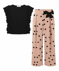 Best deal 😀 Trend Blossoms Black Angel-Sleeve Top & Light Pink Polka Dot Wide-Leg Pants - 👧 Girls ⌛