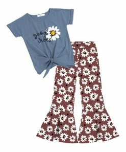 Promo 🔔 Trend Blossoms Dusty Blue 'Good Vibes' Knot-Front Top & Floral Flare Pants - 👧 Girls 😉