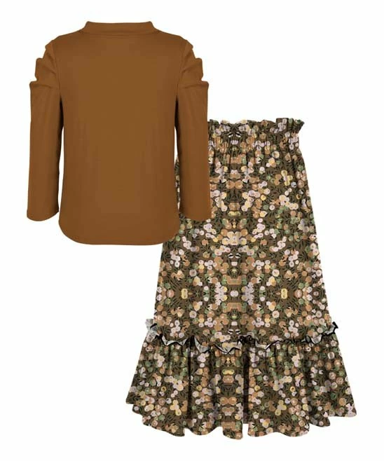 Top 10 🤩 Trend Blossoms Brown Puff-Sleeve Top & Berry Button-Front Maxi 👗 Skirt - 👧 Girls 🔥 4 Top 10 🤩 Trend Blossoms Brown Puff-Sleeve Top & Berry Button-Front Maxi 👗 Skirt - 👧 Girls 🔥 - Image 2