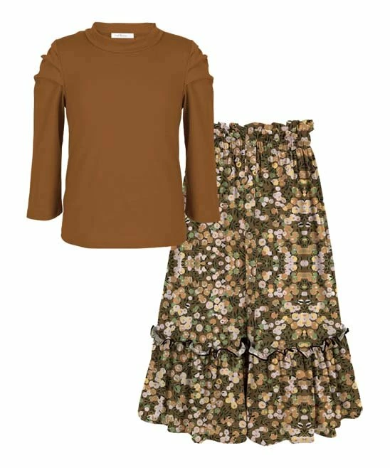 Top 10 🤩 Trend Blossoms Brown Puff-Sleeve Top & Berry Button-Front Maxi 👗 Skirt - 👧 Girls 🔥 3 Top 10 🤩 Trend Blossoms Brown Puff-Sleeve Top & Berry Button-Front Maxi 👗 Skirt - 👧 Girls 🔥