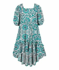 Top 10 🎉 Trend Blossoms White & Turquoise Floral Ruffle-Accent Hi-Low Puff-Sleeve 👗 Dress - 👧 Girls 😉