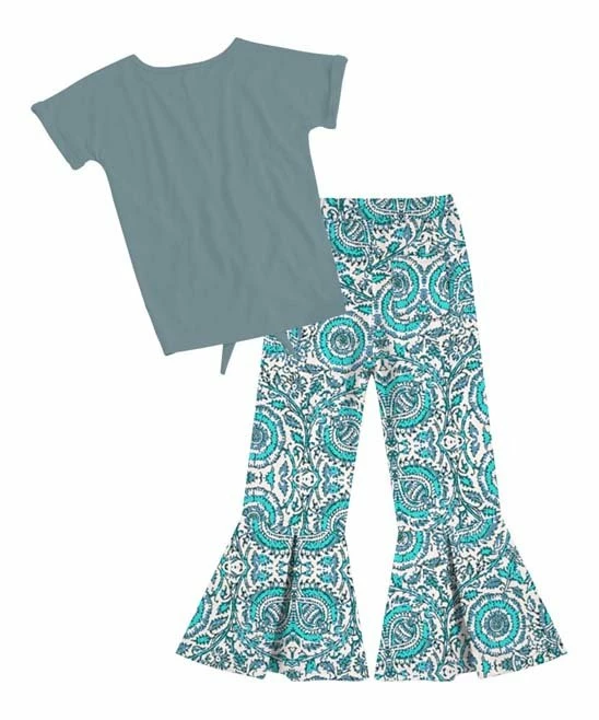 Wholesale 👍 Trend Blossoms Dusty Blue Knot-Front Top & Floral Flare Pants - 👧 Girls 🔥 4 Wholesale 👍 Trend Blossoms Dusty Blue Knot-Front Top & Floral Flare Pants - 👧 Girls 🔥 - Image 2