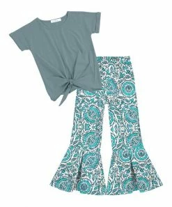 Wholesale 👍 Trend Blossoms Dusty Blue Knot-Front Top & Floral Flare Pants - 👧 Girls 🔥