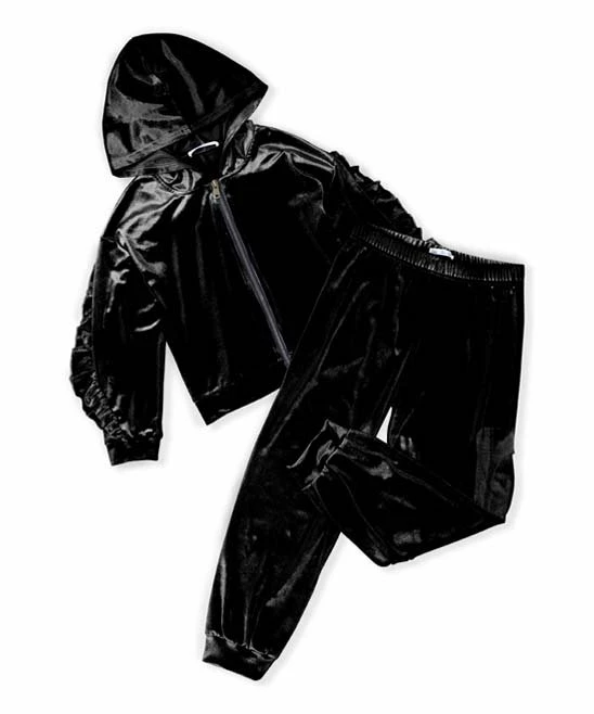 Promo ๐ Trend Blossoms Black Velvet Ruffle-Accent Hooded ๐งฅ Coat & Joggers - ๐ง Girls ๐คฉ 4 Promo ๐ Trend Blossoms Black Velvet Ruffle-Accent Hooded ๐งฅ Coat & Joggers - ๐ง Girls ๐คฉ - Image 2