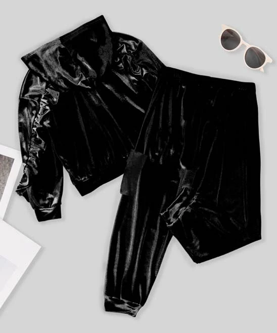 Promo ๐ Trend Blossoms Black Velvet Ruffle-Accent Hooded ๐งฅ Coat & Joggers - ๐ง Girls ๐คฉ 5 Promo ๐ Trend Blossoms Black Velvet Ruffle-Accent Hooded ๐งฅ Coat & Joggers - ๐ง Girls ๐คฉ - Image 3