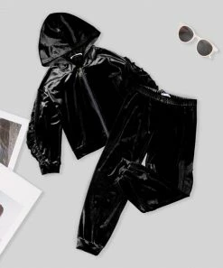 Promo 🌟 Trend Blossoms Black Velvet Ruffle-Accent Hooded 🧥 Coat & Joggers - 👧 Girls 🤩