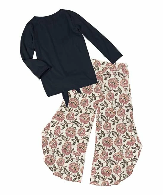 Brand new ๐ Trend Blossoms Dark Navy Hearts Knot-Front Long-Sleeve Top & Dusty Pink Floral Wide-Leg Pants - ๐ง Girls ๐ฅฐ 5 Brand new ๐ Trend Blossoms Dark Navy Hearts Knot-Front Long-Sleeve Top & Dusty Pink Floral Wide-Leg Pants - ๐ง Girls ๐ฅฐ - Image 3