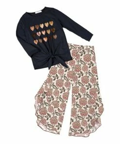 Trend Blossoms-shop 25 Brand new 🌟 Trend Blossoms Dark Navy Hearts Knot-Front Long-Sleeve Top & Dusty Pink Floral Wide-Leg Pants - 👧 Girls 🥰