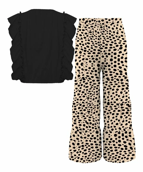Outlet ✔️ Trend Blossoms Black Angel-Sleeve Top & Light Tan Animal-Print Tiered Pants - 👧 Girls 🔥 4 Outlet ✔️ Trend Blossoms Black Angel-Sleeve Top & Light Tan Animal-Print Tiered Pants - 👧 Girls 🔥 - Image 2
