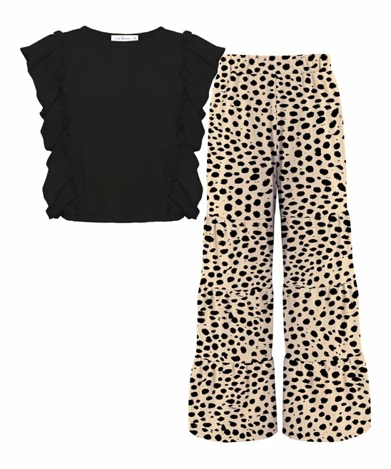 Outlet ✔️ Trend Blossoms Black Angel-Sleeve Top & Light Tan Animal-Print Tiered Pants - 👧 Girls 🔥 3 Outlet ✔️ Trend Blossoms Black Angel-Sleeve Top & Light Tan Animal-Print Tiered Pants - 👧 Girls 🔥