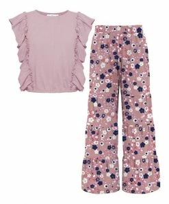 Hot Sale 👏 Trend Blossoms Dusty Pink Angel-Sleeve Top & Navy Floral Tiered Pants - 👧 Girls 😉