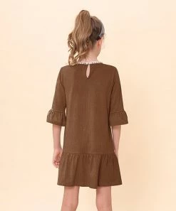 Coupon 🧨 Trend Blossoms Brown Crinkle Bell-Sleeve Ruffle-Hem Shift 👗 Dress - 👧 Girls 😍 -Trend Blossoms-shop zu109736911 alt 2 tm1665749096